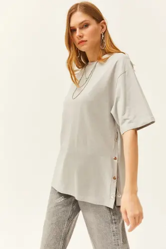 Women's Dolphin Grey Side Button Cotton T-Shirt TSH-19000762 