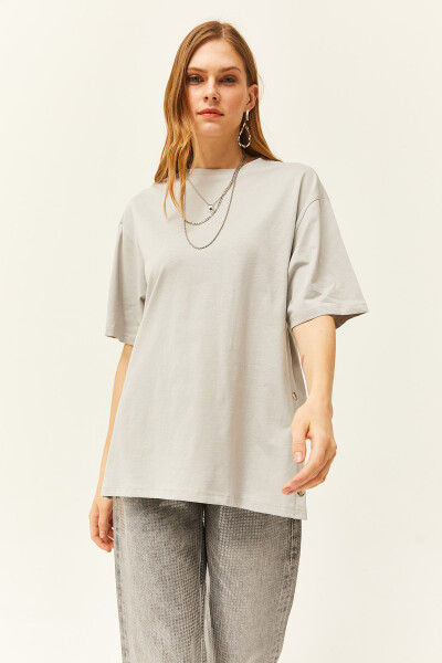 Women's Dolphin Grey Side Button Cotton T-Shirt TSH-19000762 - 2