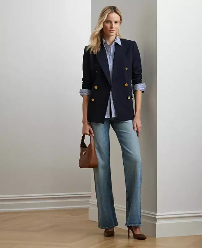 Women's Double-Breasted Wool Crepe Blazer-Lauren Navy - 5