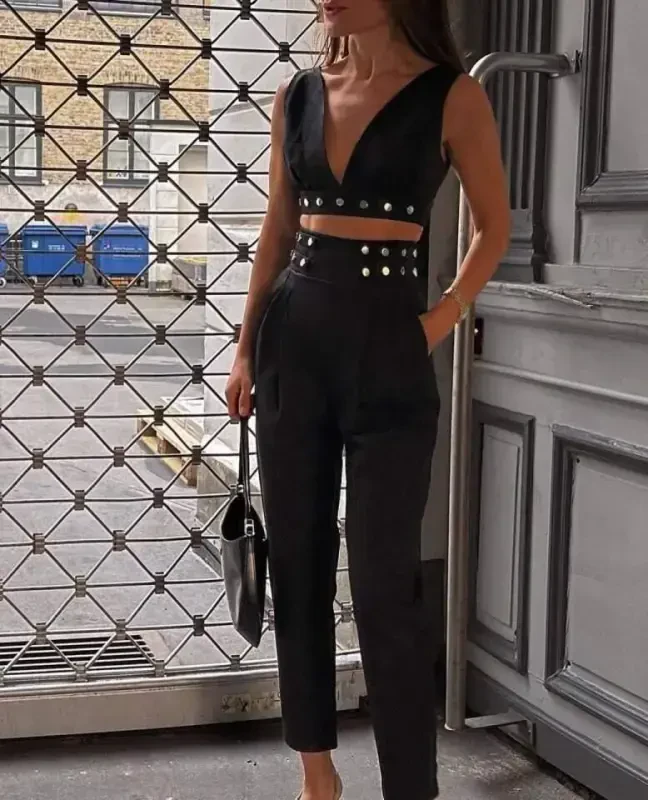 Women's Double Crepe Fabric Button Accessory Detailed Suit - 5