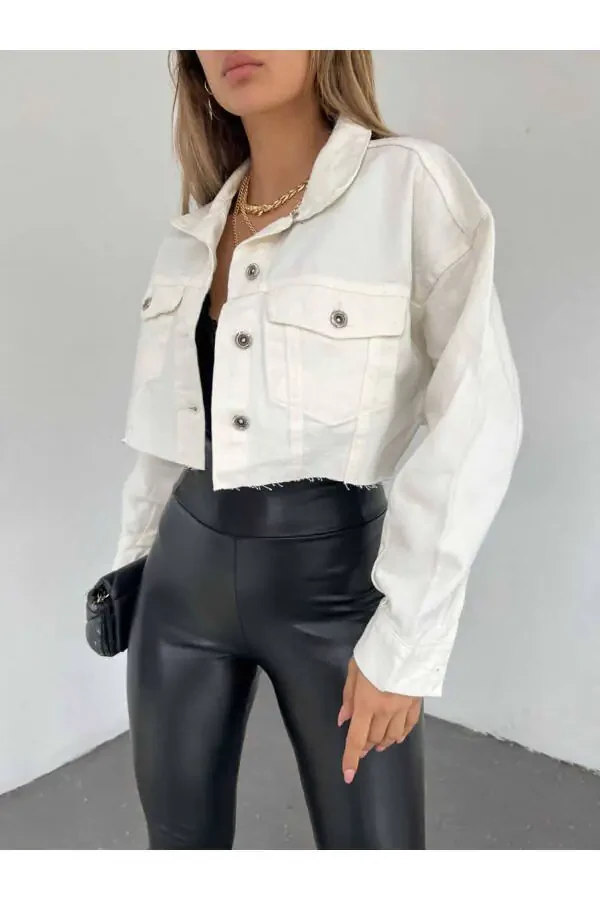 Women's Double Pocket Laser Cut Crop Denim Jacket Zyn-58394 - 3