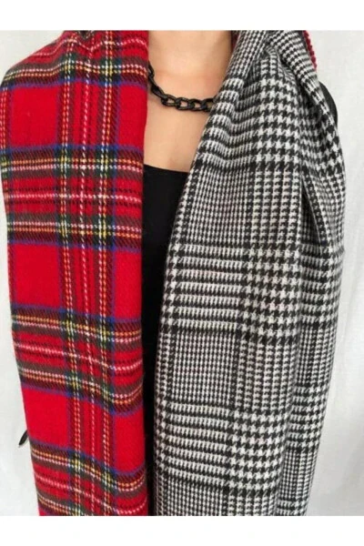 Women's Double-Sided Soft Textured Scarf Red Tartan Pattern - 4