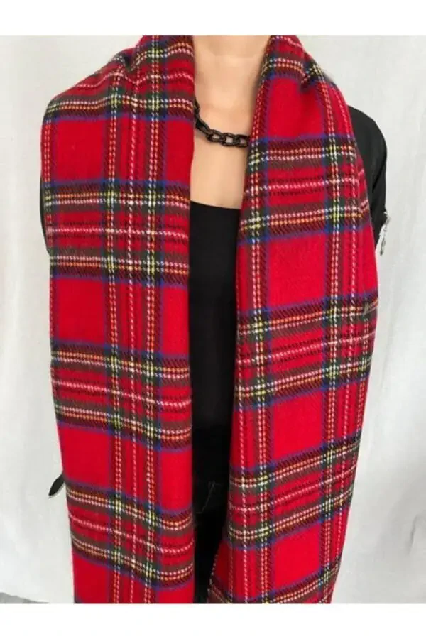 Women's Double-Sided Soft Textured Scarf Red Tartan Pattern - 5