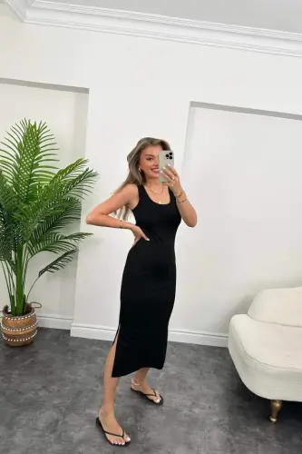 Women's Double Slit Detail Sleeveless Midi Dress - 4