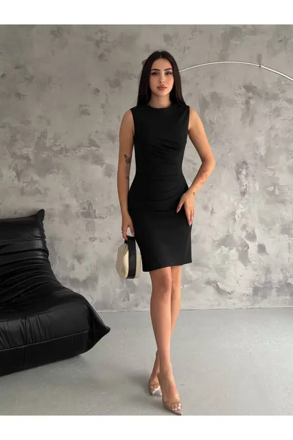 Women's Draped Short Black Dress 3073-Black - 2