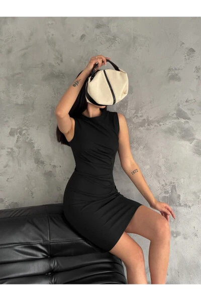 Women's Draped Short Black Dress 3073-Black - 5