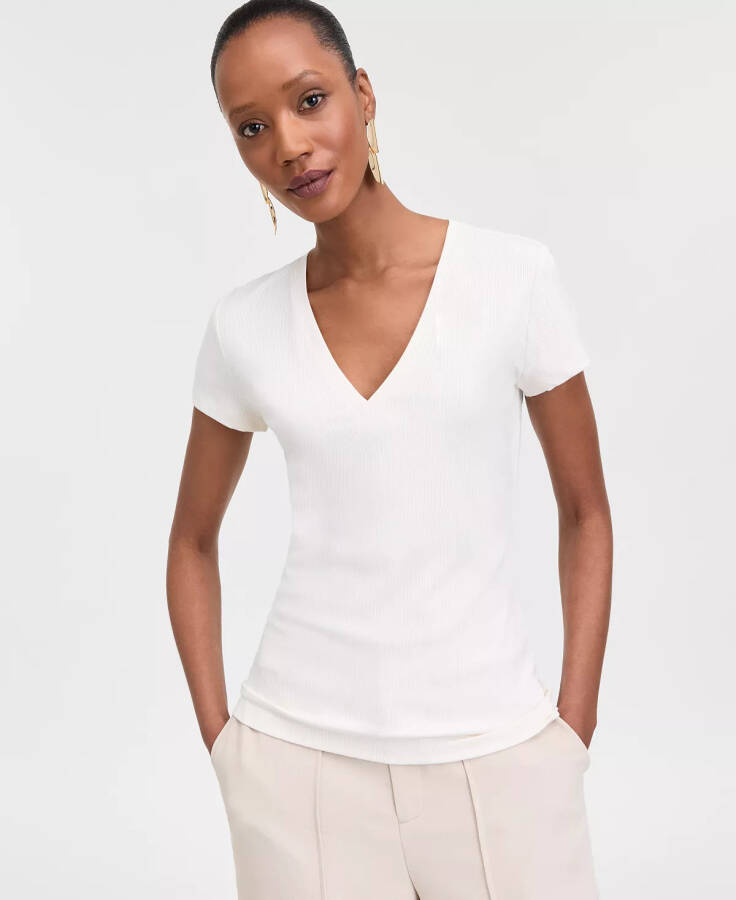 Women's Drapy Ribbed V-Neck Top, Exclusively at Modazone - 1