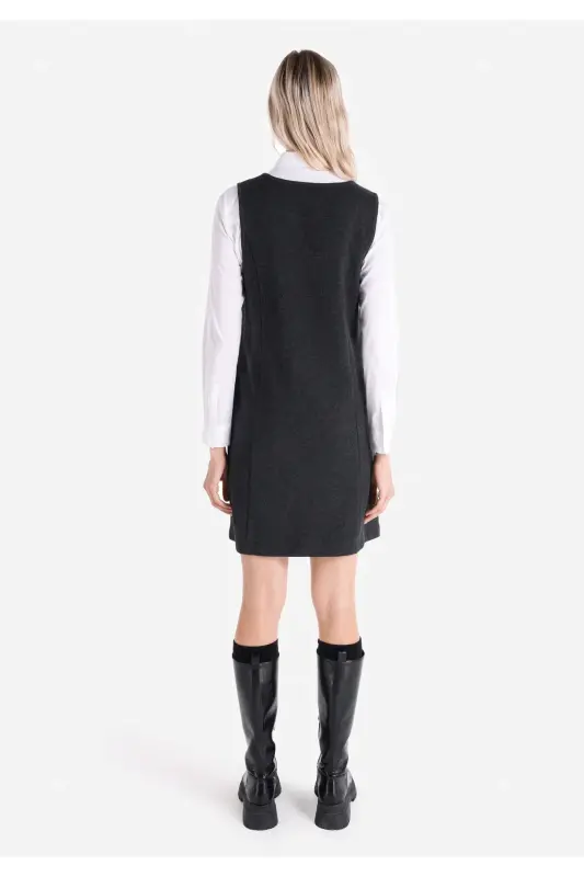 Women's dress, deep V-neck, pocket detail, anthracite. - 2