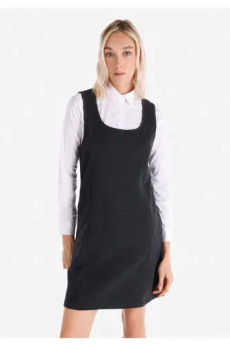 Women's dress, deep V-neck, pocket detail, anthracite. - 3