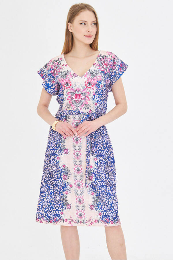 Women's Dress Front Back V Neck Belted Patterned Dress A - 1