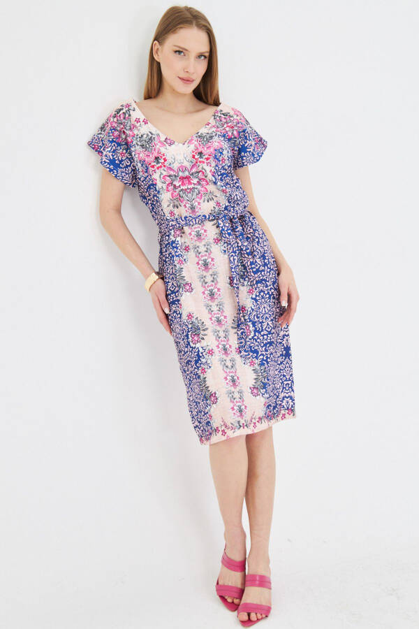 Women's Dress Front Back V Neck Belted Patterned Dress A - 2