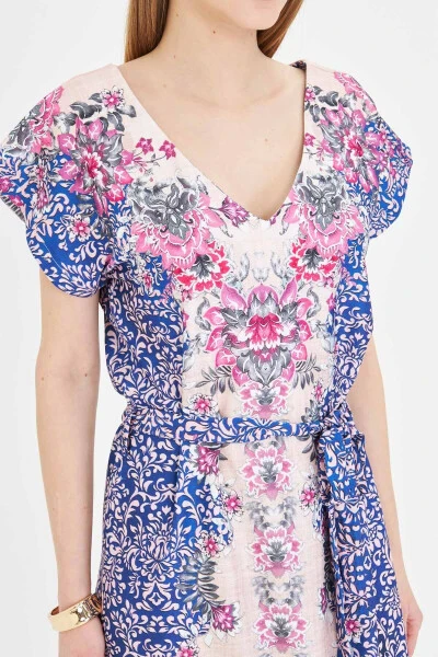 Women's Dress Front Back V Neck Belted Patterned Dress A - 4