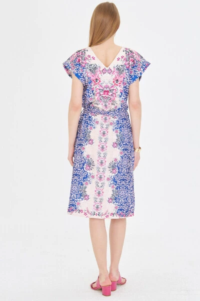 Women's Dress Front Back V Neck Belted Patterned Dress A - 5