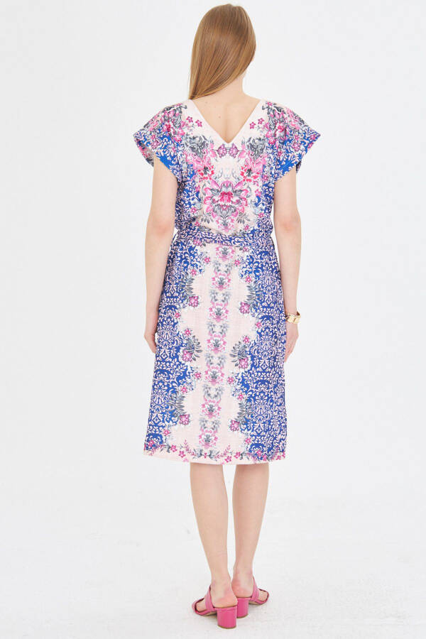 Women's Dress Front Back V Neck Belted Patterned Dress A - 5