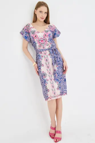 Women's Dress Front Back V Neck Belted Patterned Dress A - 3