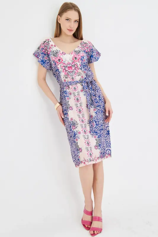 Women's Dress Front Back V Neck Belted Patterned Dress A - 3