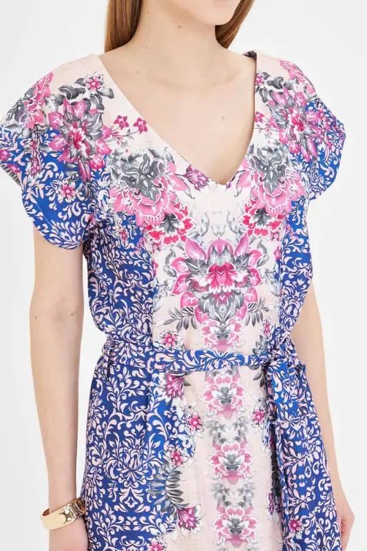 Women's Dress Front Back V Neck Belted Patterned Dress A - 5