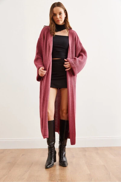 Women's Dusty Pink Cuffed Wrap Maxi Cardigan HRK-19000297 - OLALOOK (1)