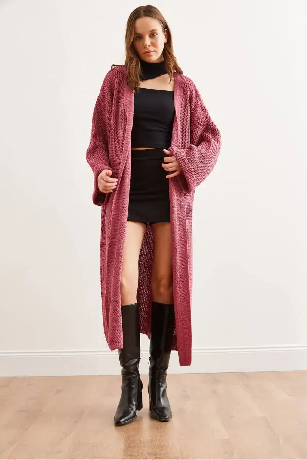Women's Dusty Pink Cuffed Wrap Maxi Cardigan HRK-19000297 - 2