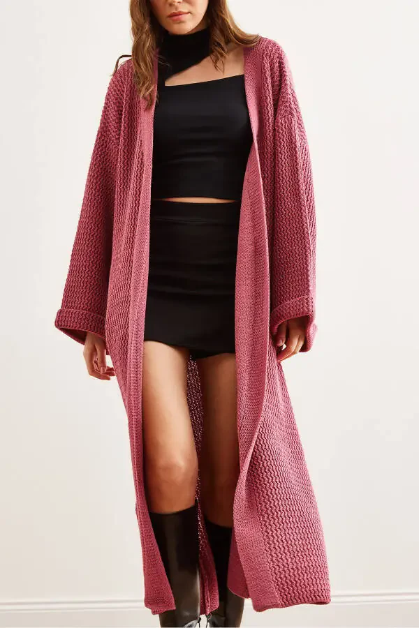Women's Dusty Pink Cuffed Wrap Maxi Cardigan HRK-19000297 - 6