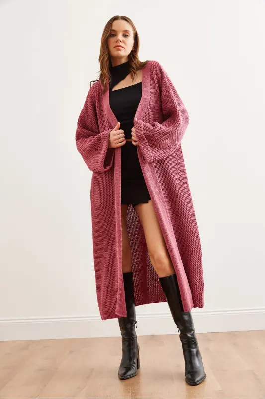 Women's Dusty Pink Cuffed Wrap Maxi Cardigan HRK-19000297 - 4