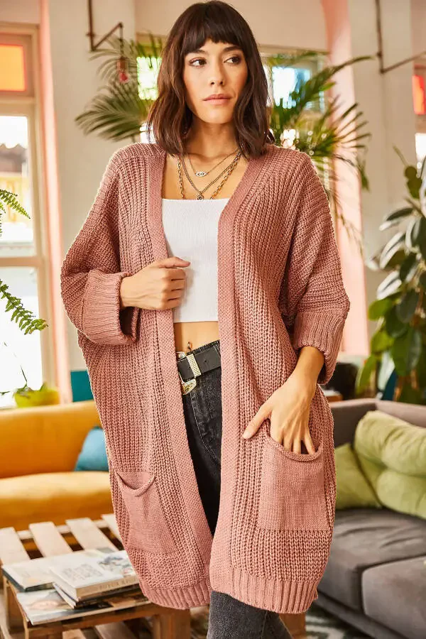 Women's Dusty Pink Fold Sleeve Pocket Oversized Knit Cardigan HRK-19000123 - 1