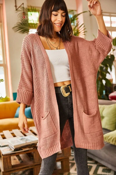 Women's Dusty Pink Fold Sleeve Pocket Oversized Knit Cardigan HRK-19000123 - OLALOOK (1)