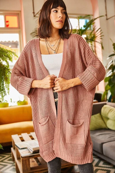 Women's Dusty Pink Fold Sleeve Pocket Oversized Knit Cardigan HRK-19000123 - 4
