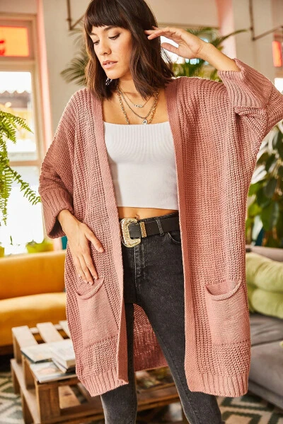 Women's Dusty Pink Fold Sleeve Pocket Oversized Knit Cardigan HRK-19000123 - 5