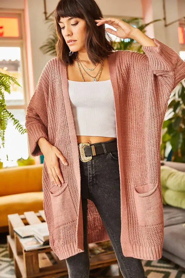 Women's Dusty Pink Fold Sleeve Pocket Oversized Knit Cardigan HRK-19000123 - 5