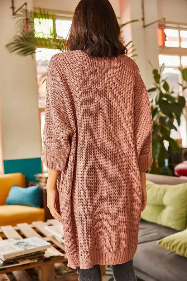Women's Dusty Pink Fold Sleeve Pocket Oversized Knit Cardigan HRK-19000123 - 7