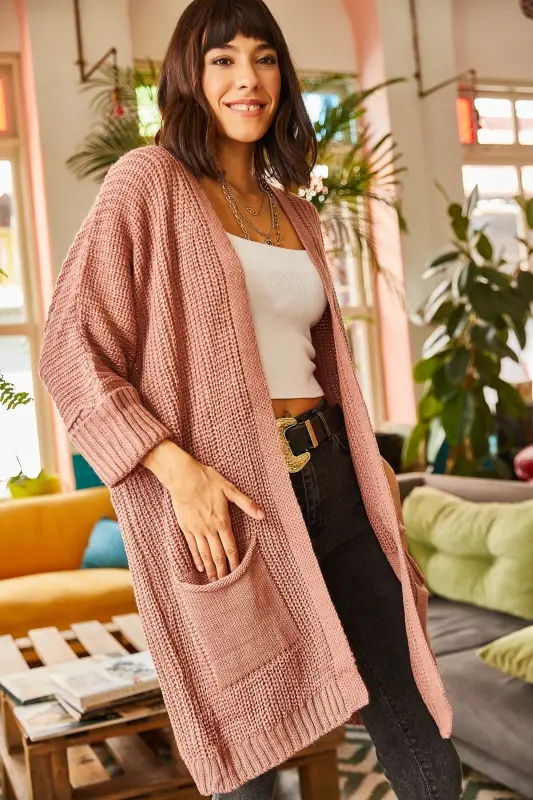 Women's Dusty Pink Fold Sleeve Pocket Oversized Knit Cardigan HRK-19000123 - 3