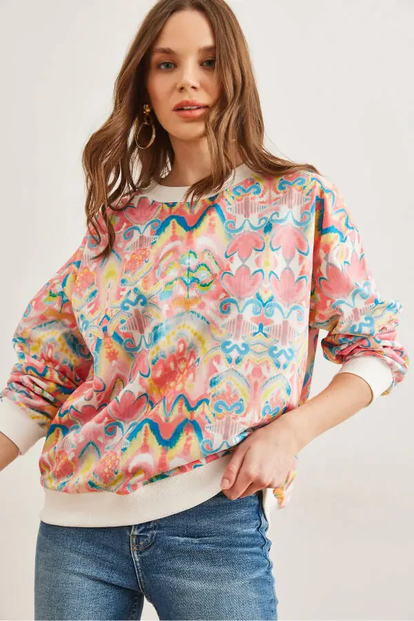 Women's Ebru Pink Basic Loose Sweatshirt SWT-19000457 - 1