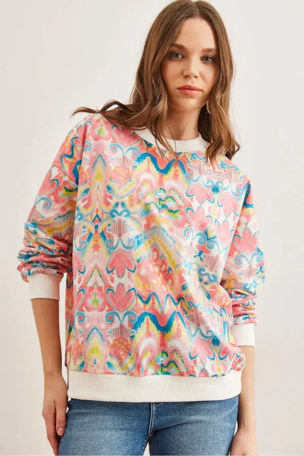 Women's Ebru Pink Basic Loose Sweatshirt SWT-19000457 - 2