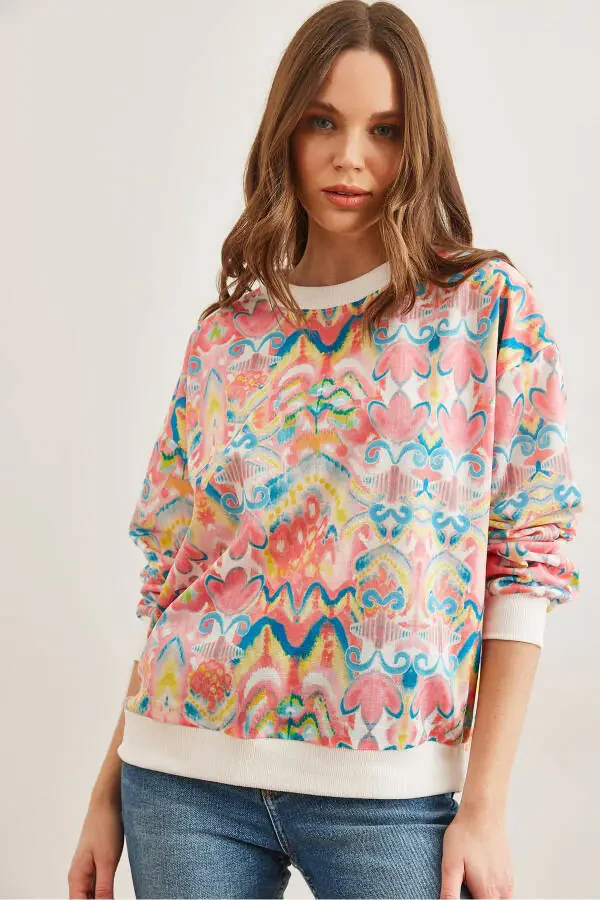 Women's Ebru Pink Basic Loose Sweatshirt SWT-19000457 - 4