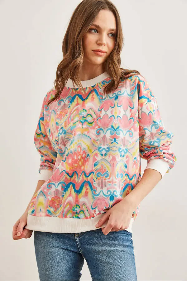 Women's Ebru Pink Basic Loose Sweatshirt SWT-19000457 - 5