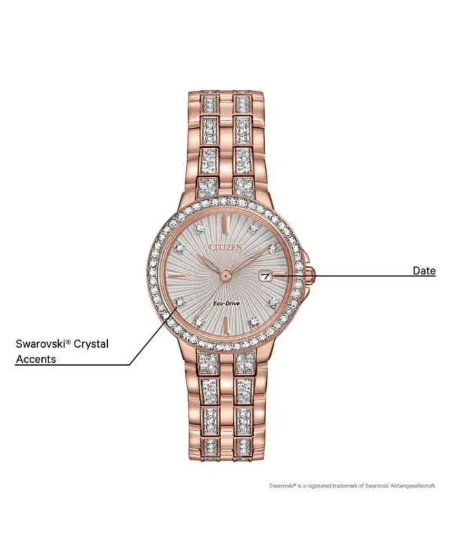 Women's Eco-Drive Crystal Accent Rose Gold-Tone Stainless Steel Bracelet Watch 28mm EW2348-56A - 6