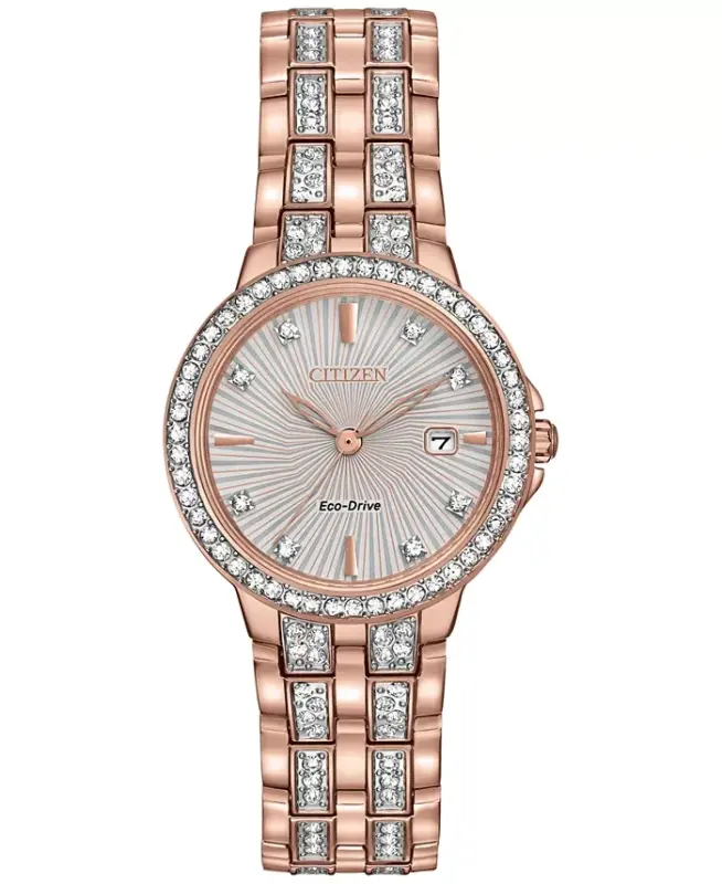 Women's Eco-Drive Crystal Accent Rose Gold-Tone Stainless Steel Bracelet Watch 28mm EW2348-56A - CITIZEN