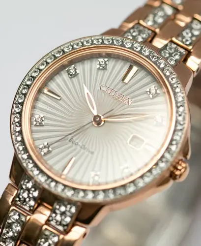 Women's Eco-Drive Crystal Accent Rose Gold-Tone Stainless Steel Bracelet Watch 28mm EW2348-56A - CITIZEN (1)