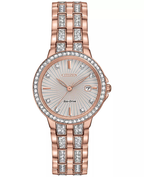 Women's Eco-Drive Crystal Accent Rose Gold-Tone Stainless Steel Bracelet Watch 28mm EW2348-56A No Color - 1