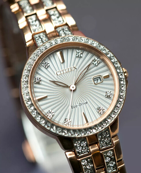 Women's Eco-Drive Crystal Accent Rose Gold-Tone Stainless Steel Bracelet Watch 28mm EW2348-56A No Color - 5