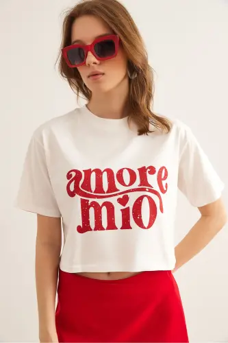 Women's Ecru Amore Printed Crop Cotton T-Shirt TSH-190 
