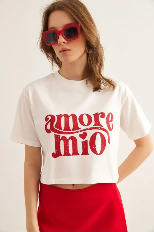 Women's Ecru Amore Printed Crop Cotton T-Shirt TSH-190 - 1