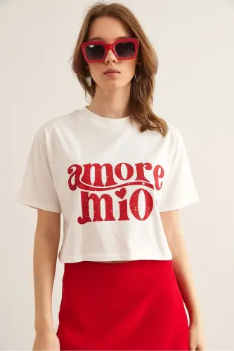 Women's Ecru Amore Printed Crop Cotton T-Shirt TSH-190 - OLALOOK (1)