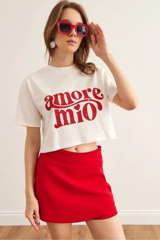 Women's Ecru Amore Printed Crop Cotton T-Shirt TSH-190 - 4
