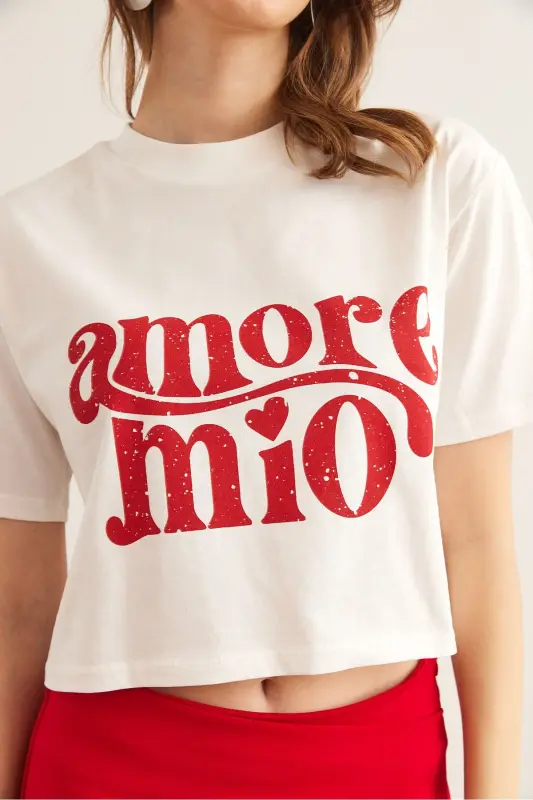 Women's Ecru Amore Printed Crop Cotton T-Shirt TSH-190 - 5