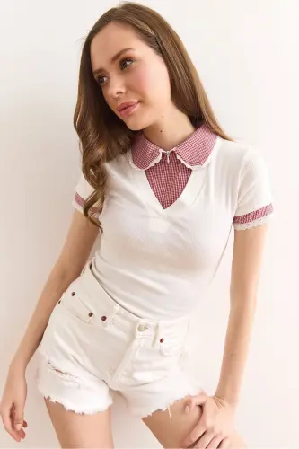 Women's Ecru Baby Collar Plaid Detailed Zippered Blouse - 5