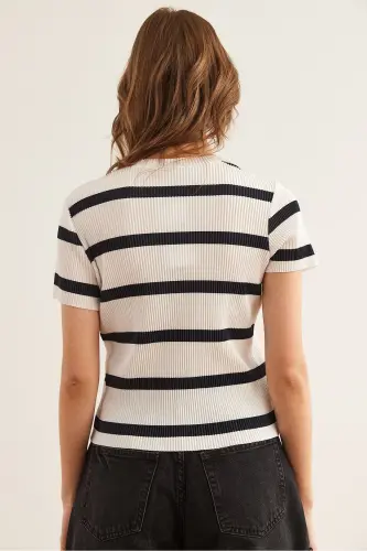 Women's Ecru Black Crew Neck Striped Pleated Blouse - 2