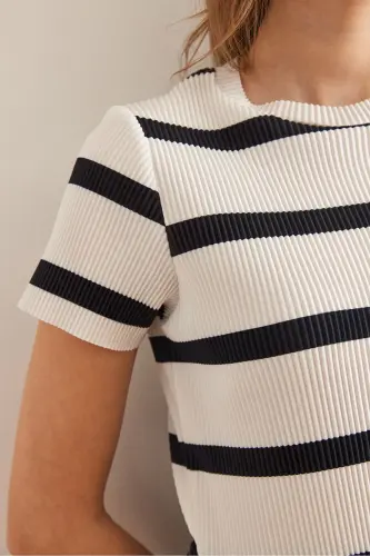 Women's Ecru Black Crew Neck Striped Pleated Blouse - 11