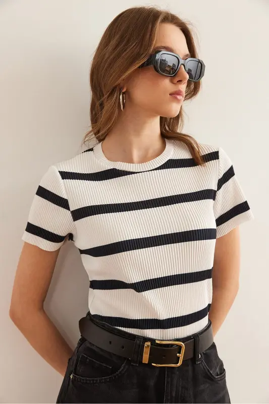 Women's Ecru Black Crew Neck Striped Pleated Blouse - 3